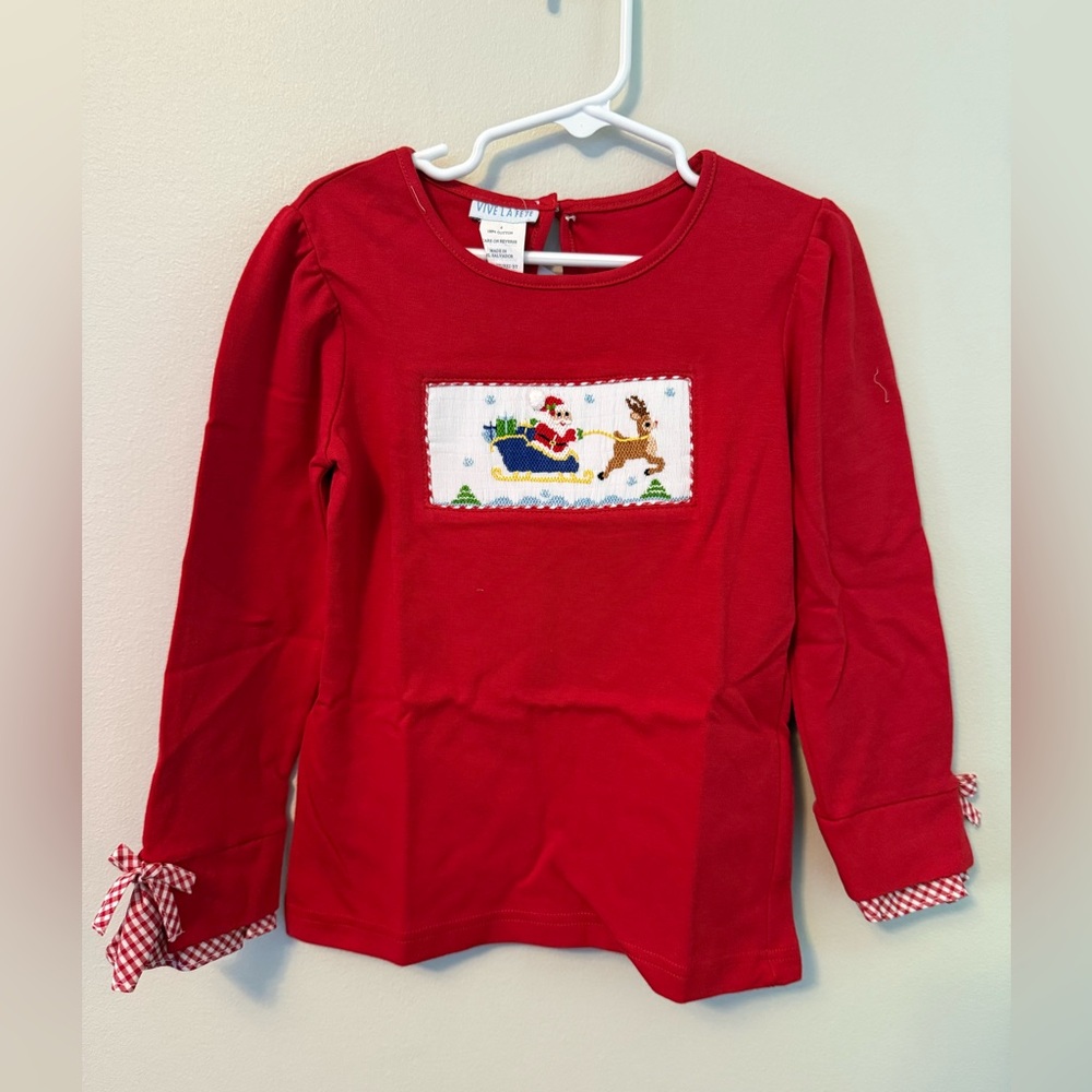 Vive La Fete Red Smocked Santa Pulling Sleigh Long Sleeve Shirt